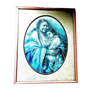 Native American Mother Child Painting Print Signed Artist KER FAY NWR Mat Framed